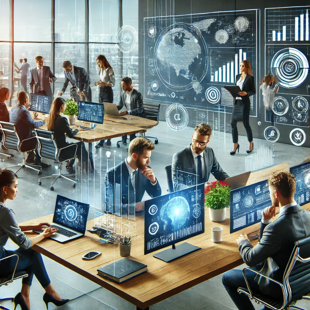 DALL·E 2025-01-27 21.44.19 - A modern office environment with diverse professionals working together on innovative technology solutions for business success, featuring laptops, ta